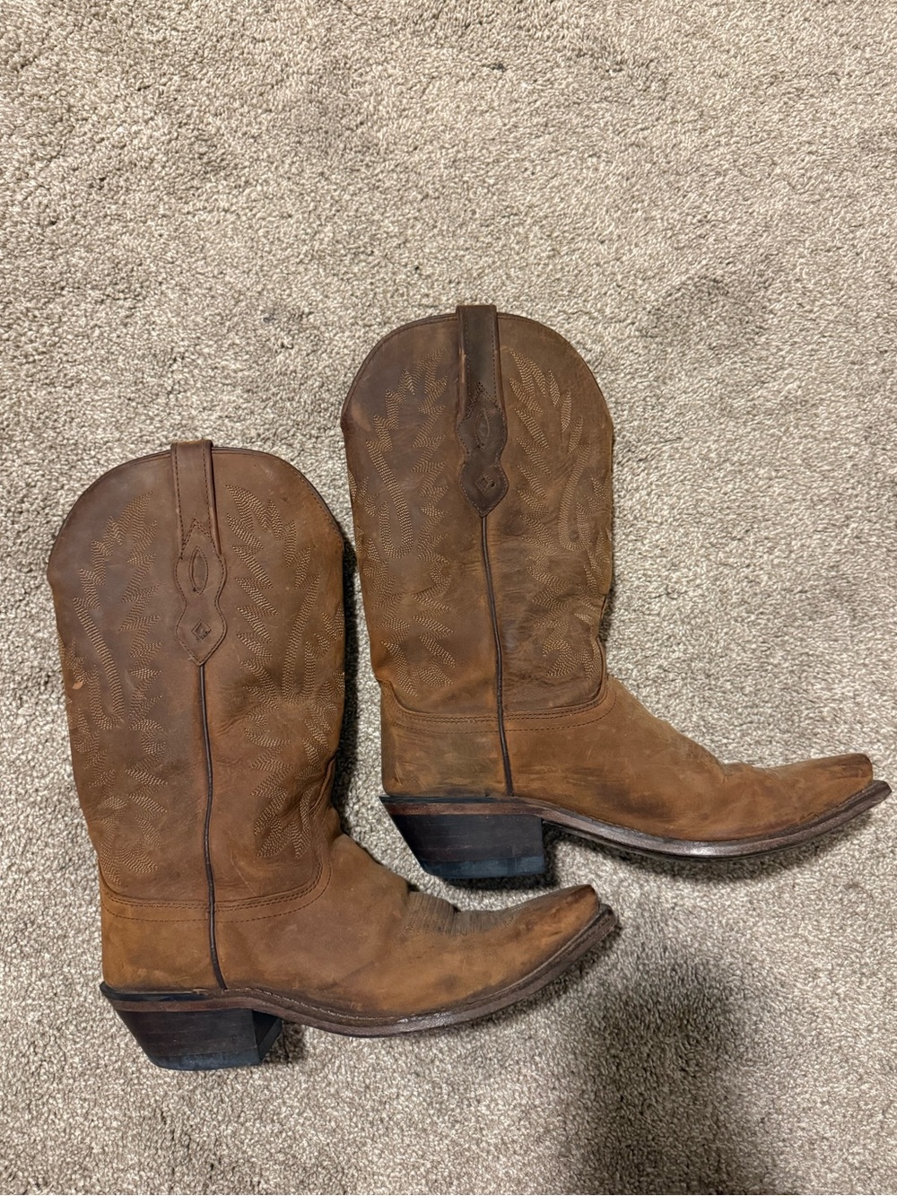 Old West Tan Leather Cowboy Boots with Embroidered Shaft
